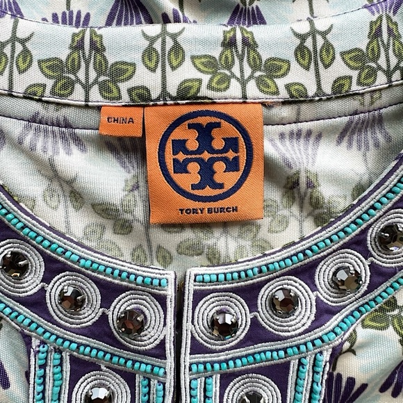 TORY BURCH | NWOT EMBELLISHED SILK FLORAL TUNIC BEADED JEWEL NECKLINE | SMALL - Picture 15 of 15